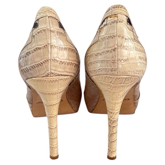 WHITE HOUSE BLACK MARKET Isaac Size 9M Beige Black Snake Print Peep Toe Heels - Picture 4 of 11